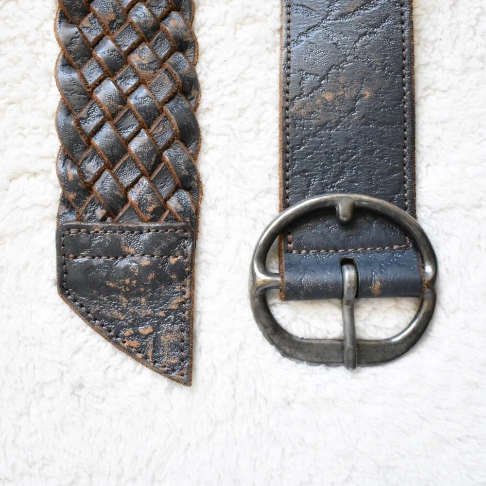 Arcangelo Blue Distressed Leather Braided Belt
